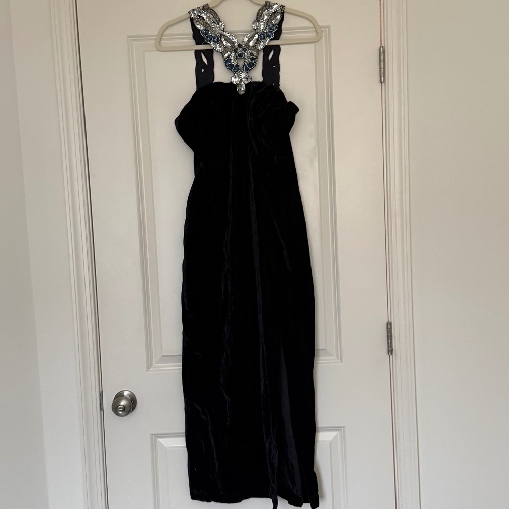 Vintage Early‑90s Whimsigoth “Zum Zum” Gown, Dark Blue Crushed Velvet
